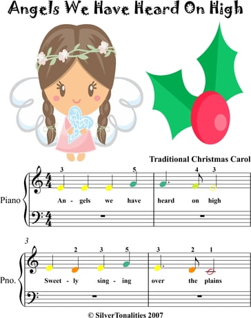 Angels We Have Heard On High Beginner Piano Sheet Music with Colored Notes - Traditional Christmas Carol