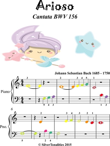 Arioso BWV 156 Beginner Piano Sheet Music with Colored Notes - Johann Sebastian Bach
