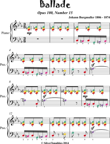 Ballade Opus 100 Number 15 Elementary Piano Sheet Music with Colored Notes - Johann Burgmuller