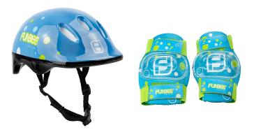 Caschetto di protezione azzurro per bicicletta o per pattini con ginocchiere e gomitiere