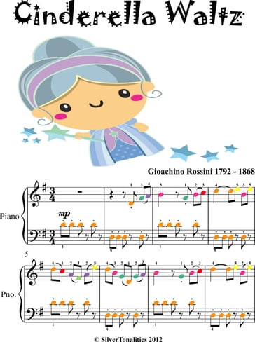Cinderella Waltz Easy Piano Sheet Music with Colored Notes - Gioachino Rossini