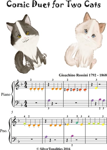 Comic Duet for Two Cats Beginner Piano Sheet Music with Colored Notes - Gioachino Rossini