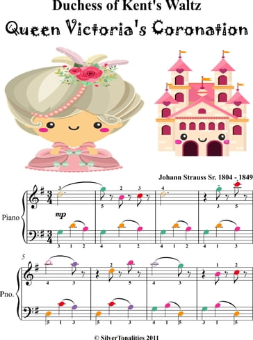 Duchess of Kent's Waltz Queen Victoria's Coronation Easy Piano Sheet Music with Colored Notes - STRAUSS JOHANN