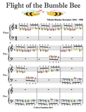 Flight of the Bumble Bee Beginner Piano Sheet Music with Colored Notes