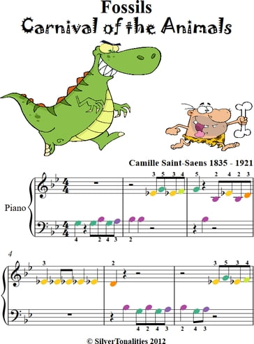 Fossils Carnival of the Animals Beginner Piano Sheet Music with Colored Notes - Camille Saint-Saens