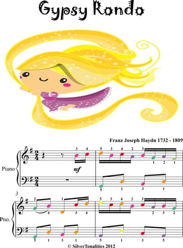 Gypsy Rondo Easy Piano Sheet Music with Colored Notes - Franz Joseph Haydn