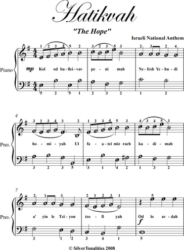 Hatikvah Easy Piano Sheet Music - Traditional Israeli