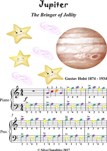 Jupiter the Bringer of Jollity Easy Piano Sheet Music with Colored Notes - Gustav Holst