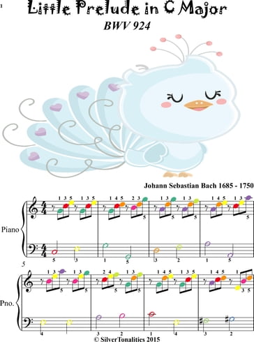 Little Prelude in C Major BWV 924 Easy Piano Sheet Music with Colored Notes - JOHAN SEBASTIAN BACH