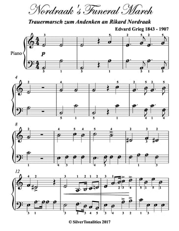Nordraak's Funeral March Easy Elementary Piano Sheet Music - Edvard Grieg
