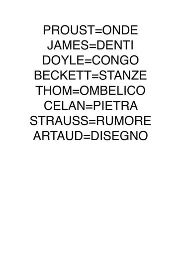 Proust=onde james=denti doyle=congo beckett=stanze thom=ombelico celan=pietra strauss=rumore artaud=disegno - Matteo Gonfiantini