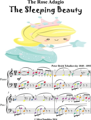 Rose Adagio Sleeping Beauty Easy Intermediate Piano Sheet Music with Colored Notes - Pyotr Il