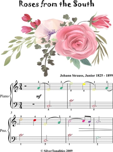 Roses from the South Opus 388 Easiest Piano Sheet Music with Colored Notes - Johann Strauss Junior