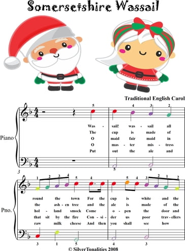 Somersetshire Wassail Easy Piano Sheet Music with Colored Notes - Traditional Christmas Carol