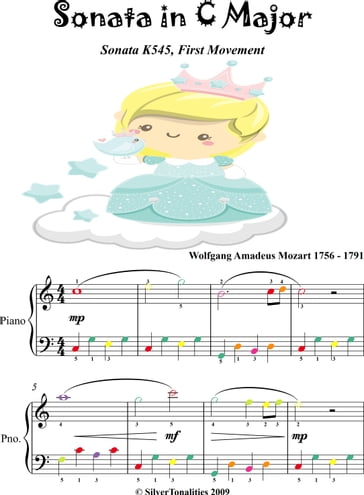 Sonata in C Major K545 1st Mvt Easiest Piano Sheet Music with Colored Notation - Wolfgang Amadeus Mozart