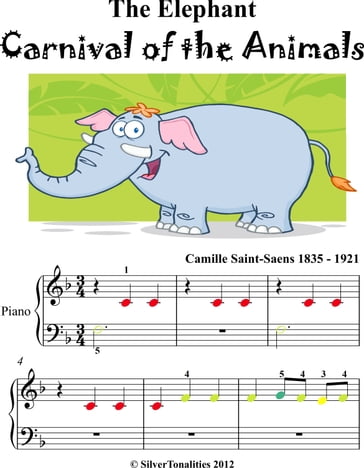 The Elephant Carnival of the Animals Beginner Piano Sheet Music with Colored Notes - Camille Saint-Saens