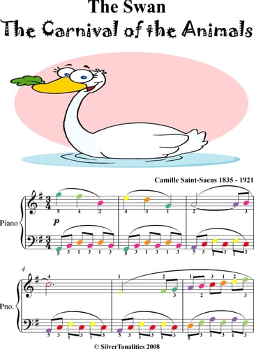 The Swan Carnival of the Animals Easy Piano Sheet Music with Colored Notes - Camille Saint-Saens