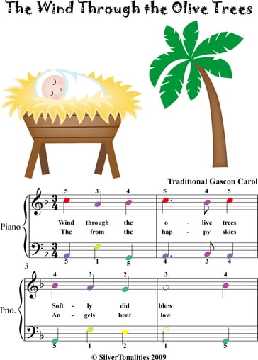 The Wind Through the Olive Trees Easy Piano Sheet Music with Colored Notes - Traditional Christmas Carol