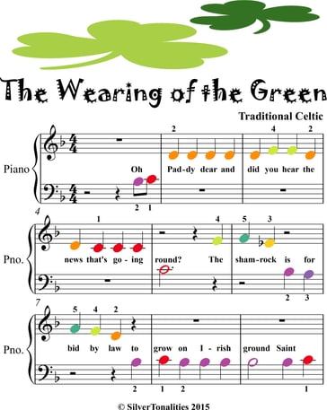 Wearing of the Green Beginner Piano Sheet Music with Colored Notes - Traditional Irish Folk Song