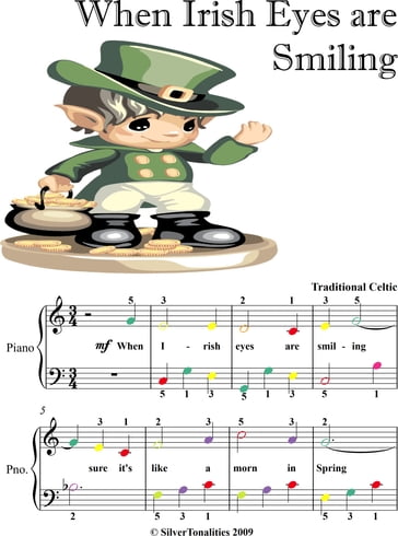 When Irish Eyes Are Smiling Easy Piano Sheet Music with Colored Notes - Traditional Irish Folk Song