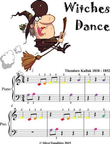 Witches Dance Beginner Piano Sheet Music with Colored Notes - Theodore Kullak