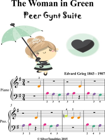 Woman in Green Peer Gynt Beginner Piano Sheet Music with Colored Notes - Edvard Grieg